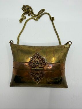 Brass and Copper pillow shoulder Bag velvet lined - Gold Tone